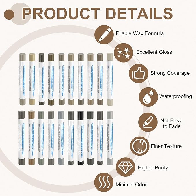 uxcell 20Pcs Wood Filler Sticks, Furniture Scratch Repair Wax Crayons Furniture Touch Up Markers Wood Repair Wax Kit with Spatula for Furniture, 20 Colors Comprehensive Gray Series