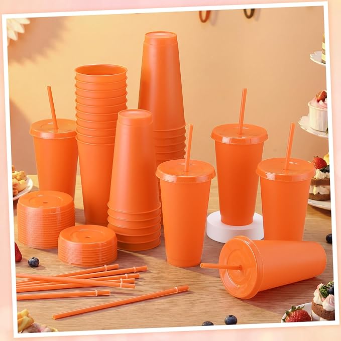 Honeydak 60 Pack Tumbler with Straw and Lid Bulk Cups for Gifts Water Bottle Iced Coffee Travel Mug Cup Reusable Plastic Tumblers for Party Birthdays 24-27 oz (Orange Color)