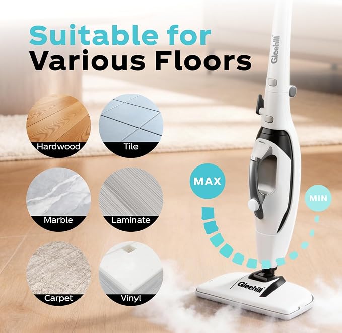 10-in-1 Steam Mops for Floor Cleaning, 302℉ Detachable Handheld Steam Cleaner with 400ml Water Tank and 26.25ft Power Cord, Folding Steamer Mop for Hardwood and Tile Floors, Silver & White