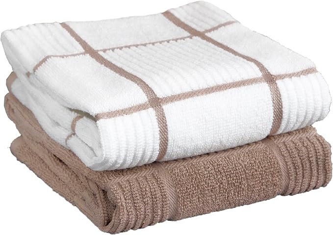 T-Fal Solid & Checked Parquet Kitchen Towels: Highly Absorbent, Super Soft Long Lasting - 100% Cotton, 16"x26" Dish Towels for Cleaning & Drying Dishes, Pans, Glassware, Countertops, 2-Pack, Sand