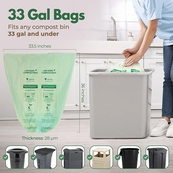 AIRNEX 40 Count Compost Bags for Countertop Bin 13 Gal & Bamboo Dish Brushes Set of 3-100% Compostable Trash Bags made of Cornstarch - Medium Stiff Sisal &Strong Blend of Coconut Bristles Brushes