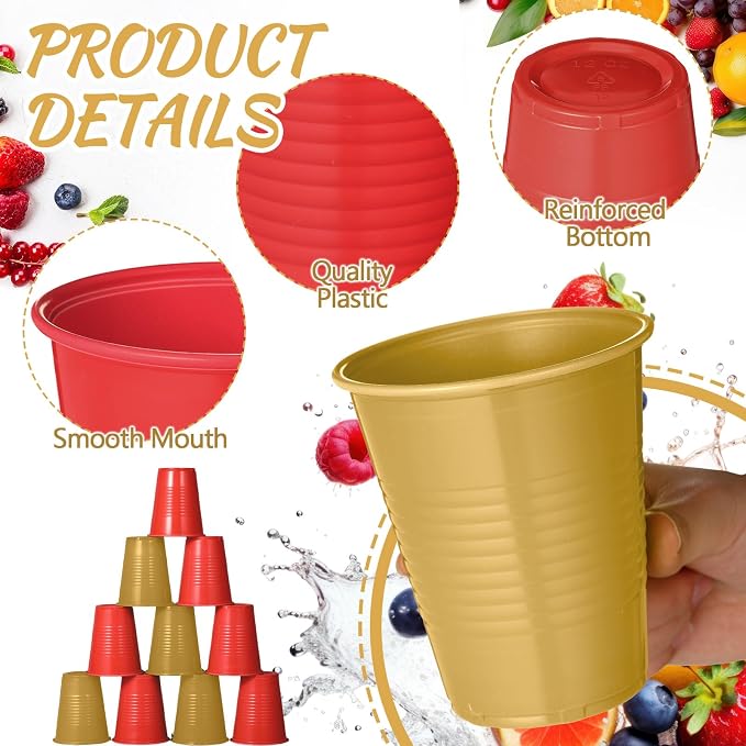 Funnymoom 100 Pcs Red and Gold Plastic Cups, 12 oz Disposable Party Cups for Graduation, Ceremony, Wedding Reception, Birthday Party Supplies