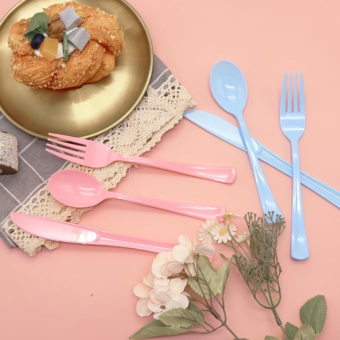 150 Pcs Pink and Blue Cutlery Heavy Duty Light Pink and Baby Blue Plastic Silverware - 50 Plastic Forks, 50 Knives, 50 Spoons for Birthday Baby Shower Gender Reveal