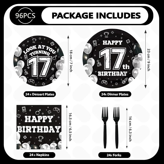 96 Pcs 17th Birthday Decorations for Boys Girls Black White 17th Party Plates Disposable Look At You Turning 17 Paper Tableware Set for 17 Year Old Birthday Party Supplies Serves 24
