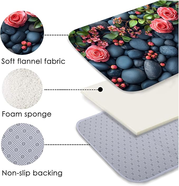 WODEJIA Non Slip Bath Rugs Sponge Foam for Bathroom,Flannel Mat Rug for Living Room, Absorbent MatS for Forlaundry Room and Kitchen,Cobblestone Red Flowers Welcome Mat 47x18 Inches