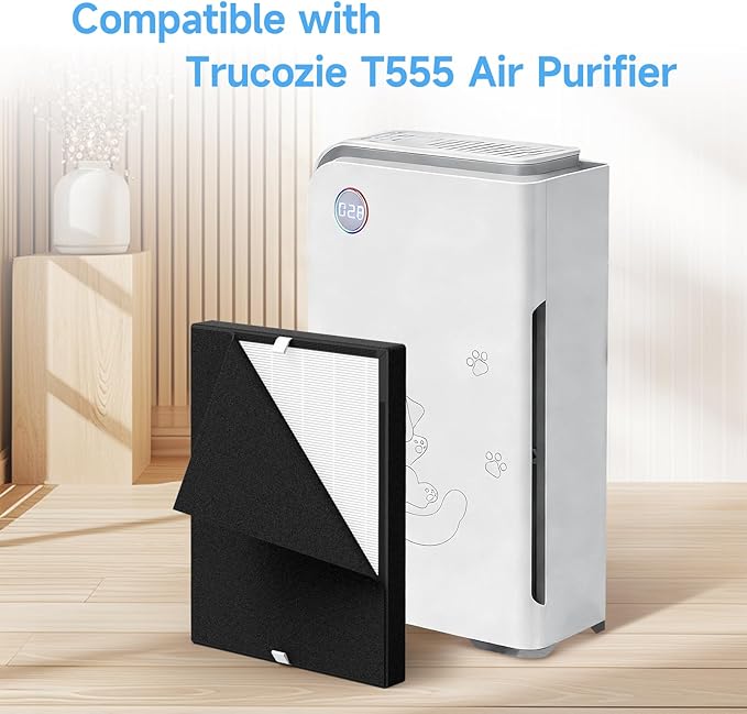 2 Pack T555 Replacement Filter and 6 Washable Pre-Filters Compatible with Trucozie T555 Air Purifier, 3-in-1 True HEPA Filter with Activated Carbon, Original Filter