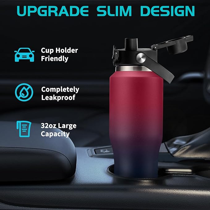 Insulated Water Bottle 32/40 oz - Cold-48h & Hot-24h Stainless Steel Vacuum Flask with Straw & Pop-up Chug Lid, Slim Insulated Water Bottle that Fits in Cup Holder, Wide Mouth Hydro Metal Thermal Cups