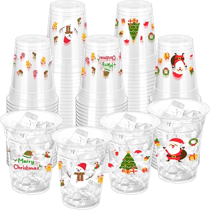 100 Pcs Christmas Party Cups, 12oz Disposable Cups Merry Christmas Disposable Clear Cups Plastic Party Cups for Party Favors Holiday Party Supplies