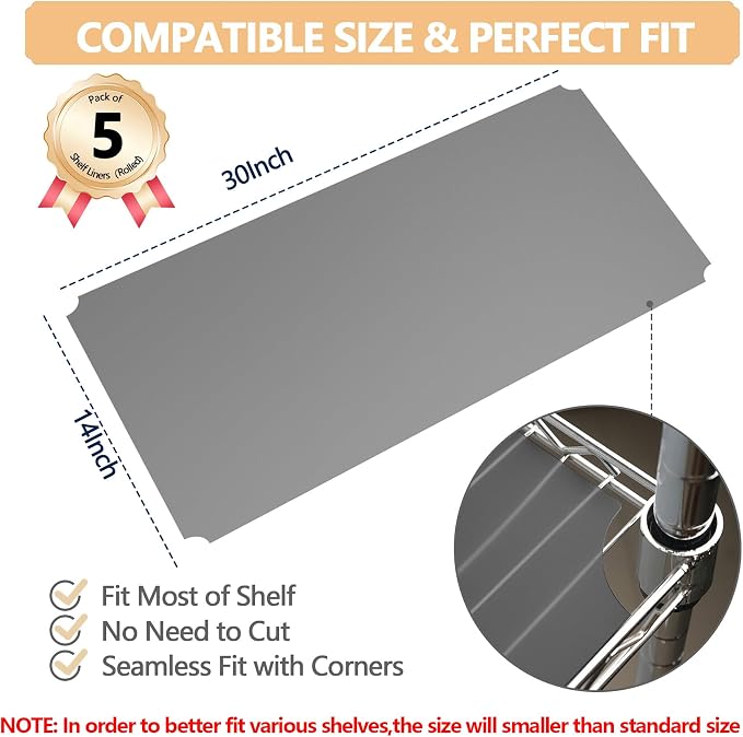 5pcs 14"x30" Plastic Shelf Liners for Wire Shelf Systems – Non-Slip Mats, Grey – Ideal for Kitchen, Pantry & Garage Organizing