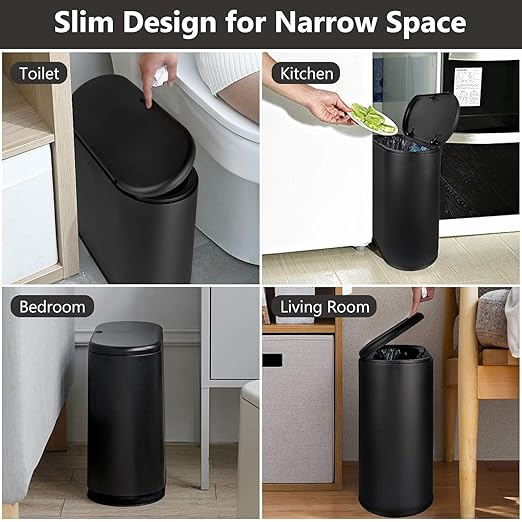 AIFUSI Trash Can, 10 Liter / 2.4 Gallon Plastic Slim Garbage Container Bin with Press Top Lid, White Waste Basket for Kitchen, Bathroom, Living Room, Office, Narrow Place（Black）