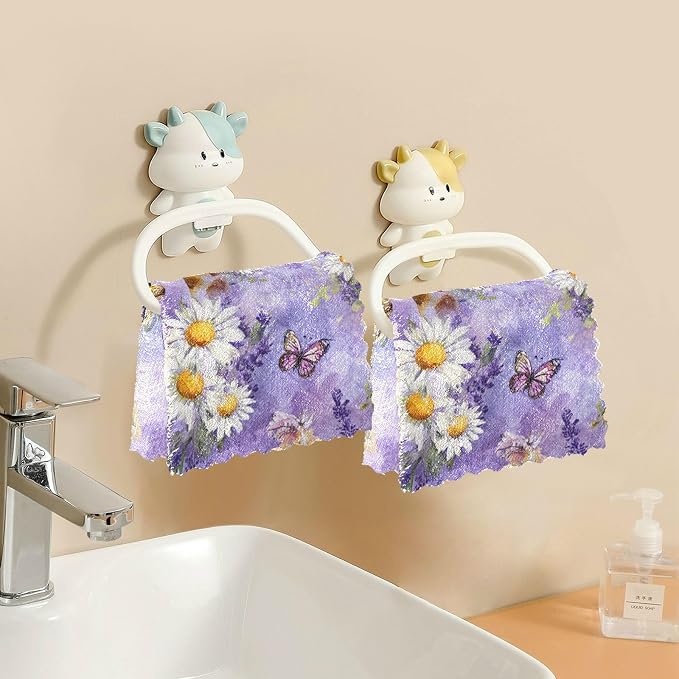 Watercolor Giraffe Daisy Purple Kitchen Towels Dish Cloths Set of 6 Microfiber Cleaning Cloths for Cars Super Absorbent Machine
