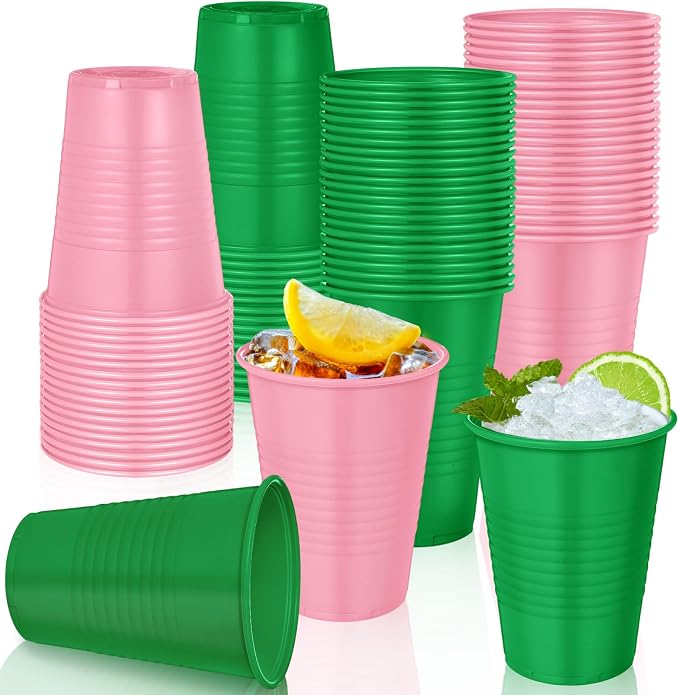Funnymoom 50 Pcs Disposable Plastic Pink and Green Cups 12 oz Sorority Party Beverage Cups for Witch and Princess Themed Birthday Watermelon Flamingo Party Supplies