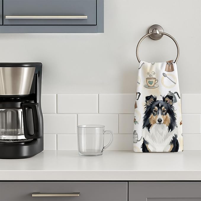 Caroline's Treasures Tricolor Sheltie Coffee Bar Kitchen Towel Velour Plush Front and Cotton Loop Back Machine Washable