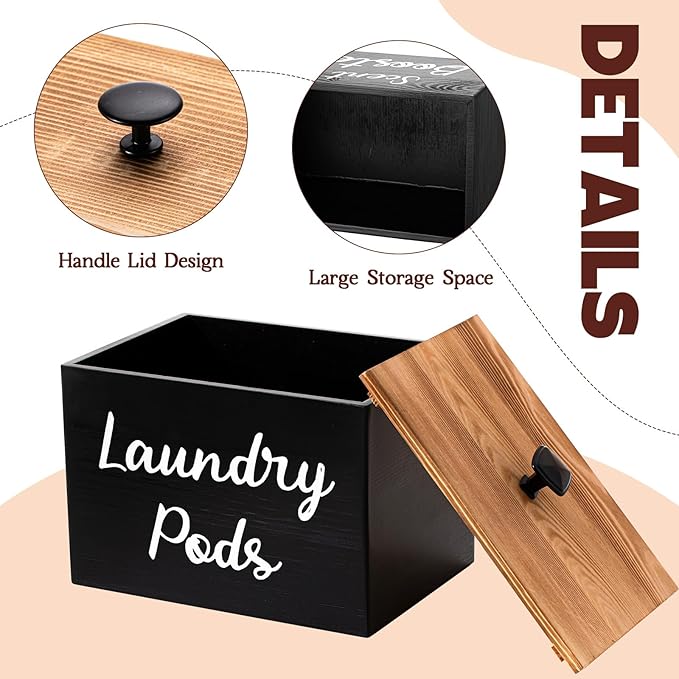 Dandat 3 Pcs Wood Laundry Pods Container Dryer Sheet Holder Dryer Sheets Holder Scent Booster Container Set with Scoop Rustic Laundry Room Beads Dispenser for Storage(Black)