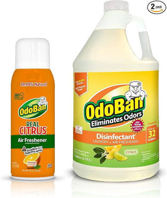 OdoBan Aroma Eliminator Set, Made in the USA, 10 Ounce 360-Degree Continuous Spray Natural Oil Real Citrus Air Freshener and 1 Gallon Multipurpose Disinfectant Cleaning Concentrate, Orange Scent