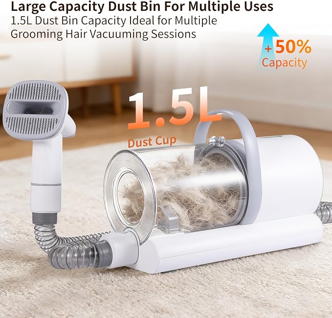 Dog Grooming Vacuum, 13000Pa Powerful with 1.5L Cup 6 in 1 Pet Electric Grooming Vacuum for with Hair Clipper & Shedding Brush, Low Noise, 3 Suction Levels for Thick Hair Cats & Dogs