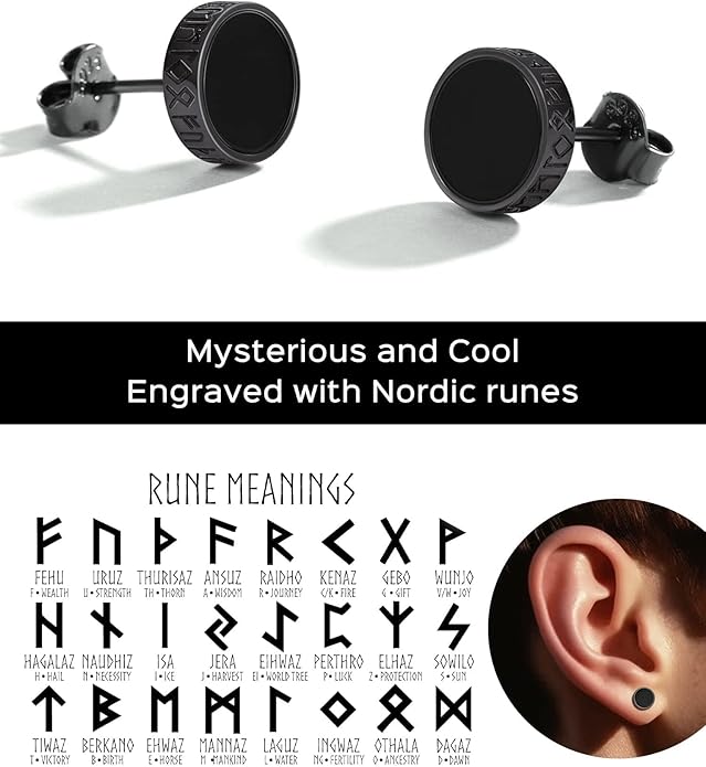 ChicSilver 925 Sterling Silver Viking Rune Natural Black Onyx Stud Earrings For Women Men