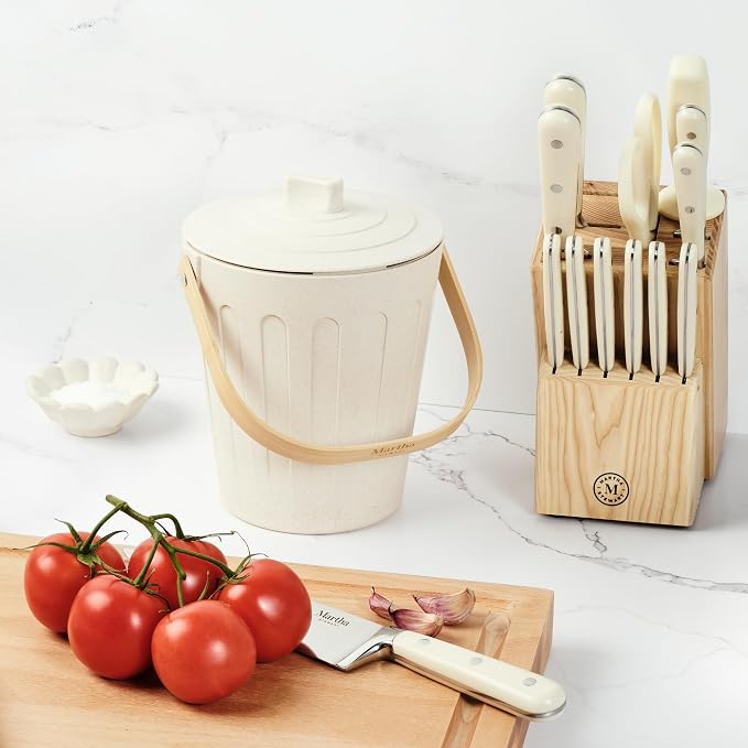 Martha Stewart Indoor Compost Bin Starter Bundle | Countertop Composting Bucket for Kitchen | .7 Gallon Capacity | Includes 6 Filters and Silicone Liner Bag | Plant Based Materials | Linen White