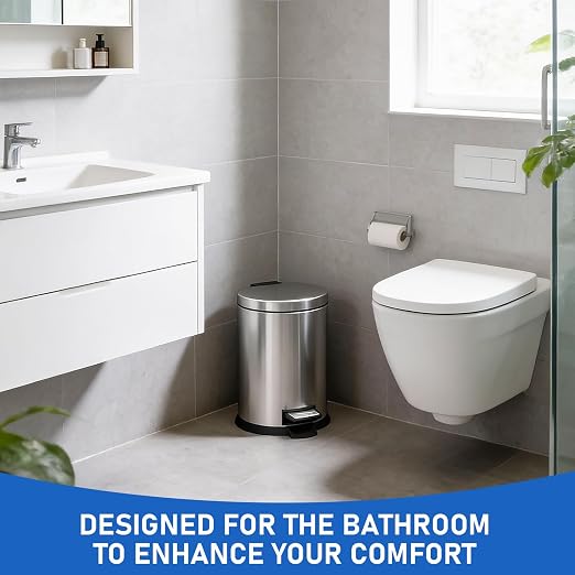 SIMPLYKLEEN Bathroom Trash Can with Lid - 2PC 1.3 Gallon Oval Small Trash Can with Soft-Close Lid, Foot Pedal, Brushed Stainless Steel, Removable Liner, Garbage can for Kitchen, Office (Gold+ Silver)