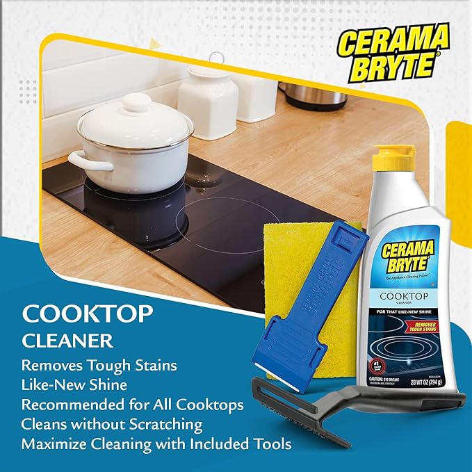 Cerama Bryte Complete Cooktop Cleaning Kit, 10 Cleaner Pads, 1 POW-R Grip Tool, 1 Scraper, and 1 Microfiber Cloth, 28 Fl Oz