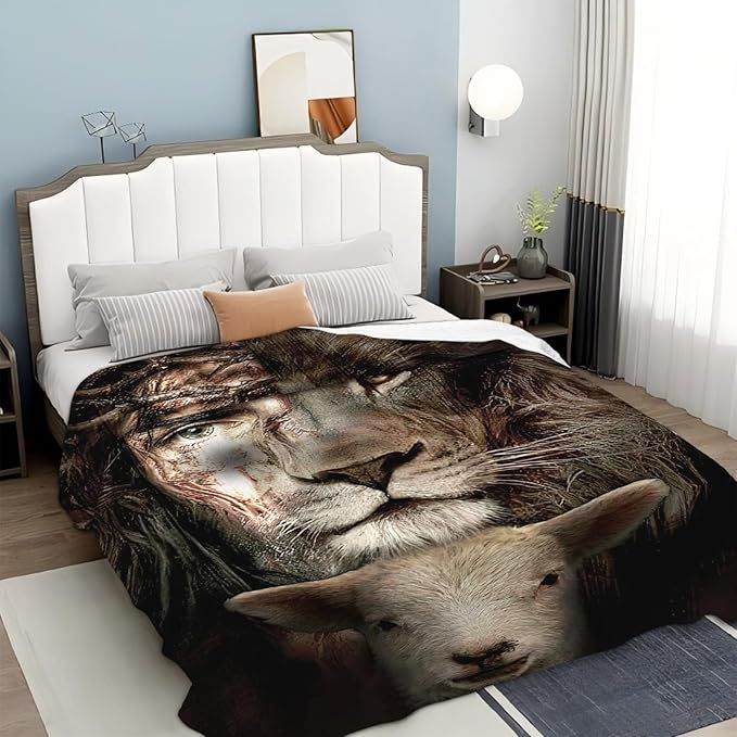 Tijuboni Lion Lamb Throw Blanket Christian Religious Gifts for Women Men Girls Boys Kids Adults Soft Flannel Fleece Blanket for Couch Sofa Bed Home Decor 50"x60"