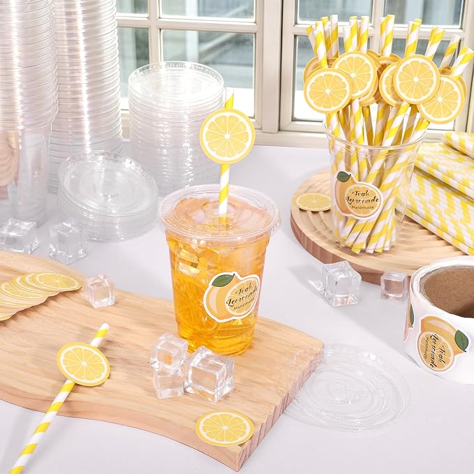 100Pcs Lemon Disposable Plastic Cups with Lids and Straws, 12Oz Party Cups Lemon Cold Beverage Drinking Cups with Stickers for lemonade Stand Supplies Summer Iced Coffee Smoothie Juice Tea