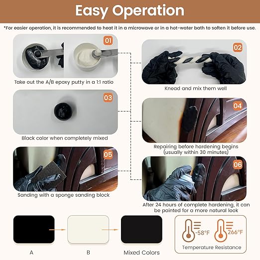 Boncart Epoxy Wood Putty, High Strength Filler Putty, Stainable 2-Part Epoxy Filler, 21.16 oz Structural Wood Repair Kit, Wooden Furniture Repair Kit for Damages (Black)