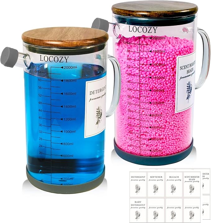 2-Pack 64oz Glass Laundry Detergent Dispenser with Acacia Wood Lid - Airtight Design, Dual oz/ml Scales | Laundry Room Organization & Storage for Fabric Softener, Beads, Powder, Bleach