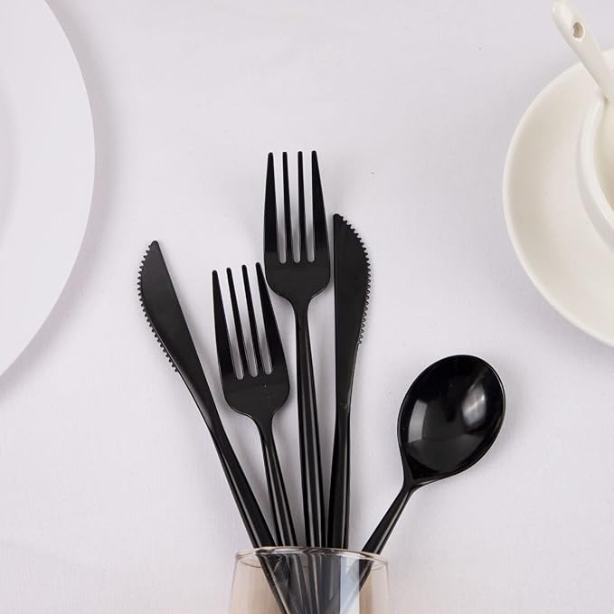 Supernal 180pcs Black Plastic Silverware Set - Heavy Duty Disposable Utensils (60 Forks, 60 Knives, 60 Spoons) - Elegant Black Cutlery for Parties, Weddings & BBQ