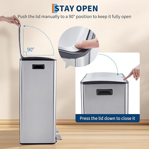 Garvee Kitchen Trash Can with Lid, 16 Gal / 60L (2 x 8 Gal) Dual Compartment Stainless Steel Garbage and Recycling Bin Combo with Independent Step Pedals & Removable Inner Buckets
