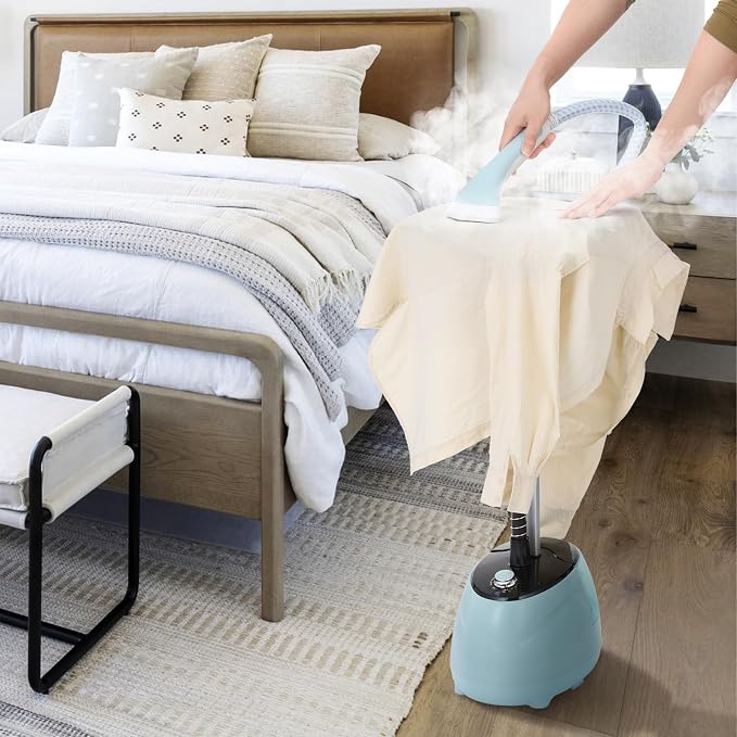 BEAMNOVA Clothing Steamer with Stand, Steam Iron for Clothes, Commercial Standing Garment Steamer, Wrinkle Remover with Ironing Board, 1.8L(61oz) Water Container, 10 Settings, Blue