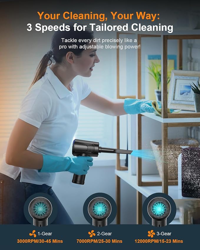 11-in-1 Compressed Air Duster-3-Gear Adjustable 120000 RPM Electric Air Duster with LED Light, Reusable no Canned Keyboard Cleaner for Office, 9000mAh Cordless Air Duster for Computer/Car/Home (Black)