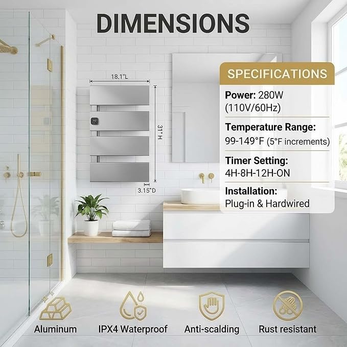 L Series Electric Towel Warmer for Bathroom, 4 Panel, Silver | Thermo Control and Timer, Fast Heat in 3 Mins, Dry Towels in 4 hrs, Memory Function, Work with Smart Plug, Left-Wiring