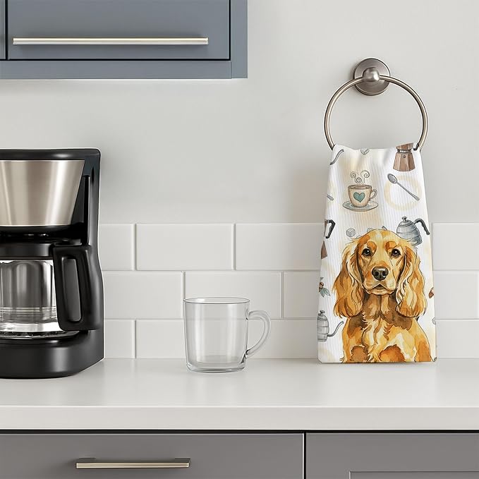 Caroline's Treasures Golden English Cocker Spaniel Coffee Bar Kitchen Towel Velour Plush Front and Cotton Loop Back Machine Washable