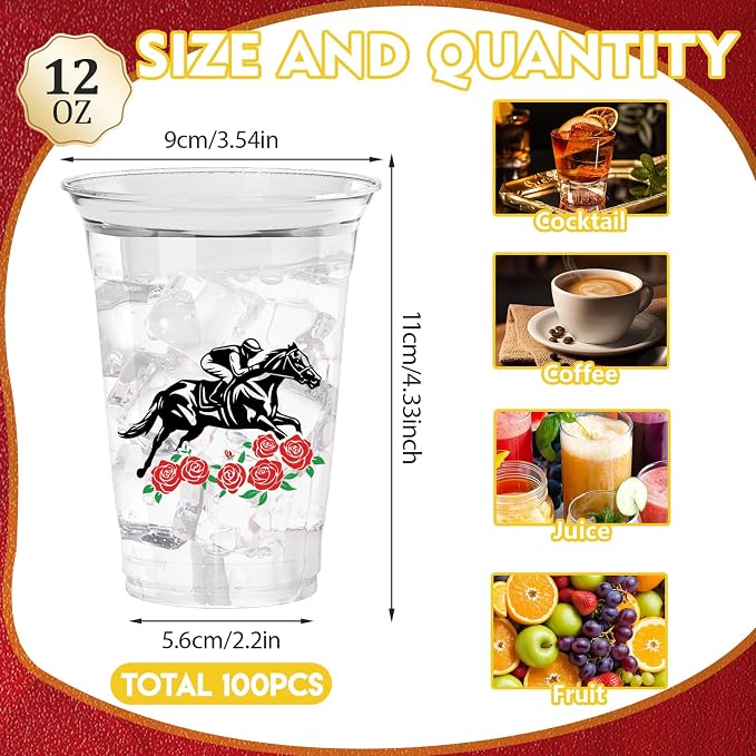 100Pcs Derby Horse Plastic Party Cups, 12oz Kentucky Race Disposable Clear Cups for Derby Party Decorations, Horse Racing Drinking Cup, Themed Birthday, Holiday Gatherings Favors