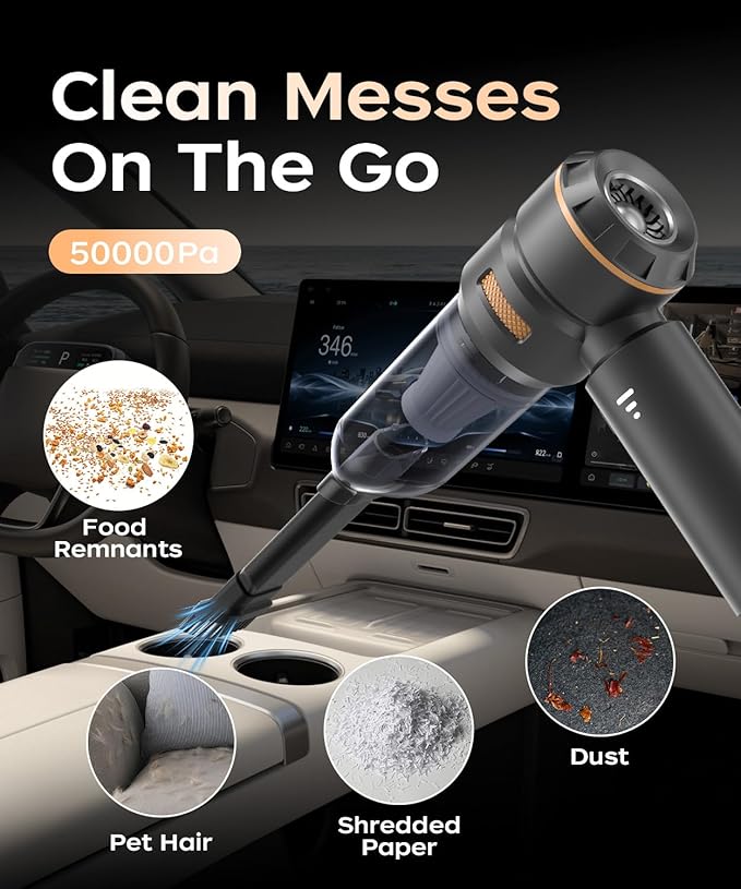 VNOST Car Vacuum,3 Suction Modes,Portable Mini Cordless Cleaner with 50000pa Suction Power,Type-C Charge,Handheld Vacuum for Home,Car,Birthday Gifts for Men Dad Husband (Black)