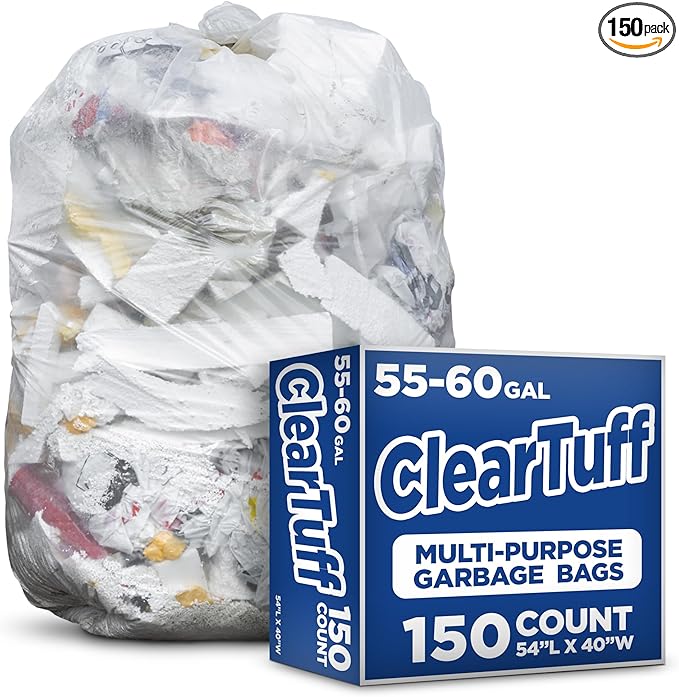 Stock Your Home 55-60 Gallon Clear Trash Bags (150 Pack) – Disposable Leak-Resistant Garbage Can Liners for Office, Bathroom, Deli, Produce, Dog Poop, Cat Litter