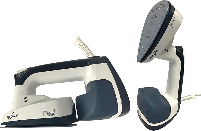 Eurosteam Duet 2-in-1 Iron & Garment Steamer with 180° Rotary Head | 1000W 2-in-1 iron and garment steamer. Features patented 180° rotating head, ceramic soleplate & removable tank.