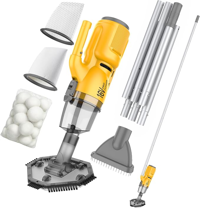 16V Cordless Handheld Pool Vacuum - 26,000Pa Hyper Suction, 3-Stage 3D Fiber Ball Micro-Filtration, Fine Filter, XL 0.3gal Canister, 7ft Pole & 2 Heads, for Inground & Above Ground Pools, Spas