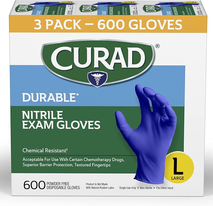 Curad Nitrile Exam Gloves, Durable, Powder Free, Chemical Resistant, Large, 600 Count, Color May Vary
