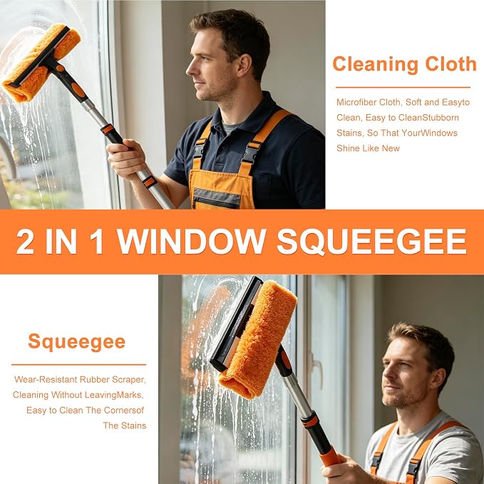 20FT High Reach Duster Cleaning Kit with 3-12FT Extension Pole, 4-in-1 Ceiling Fan Duster, Cobweb Remover, Bendable Feather Duster & Window Squeegee for High Ceilings, Walls and Outdoor Cleaning