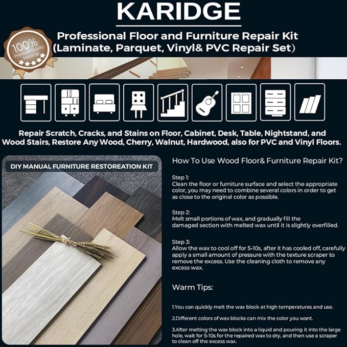 Laminate Vinyl Floor Repair Kit with Heat Pen, 11 Colors Hardwood Floor Wax Wood Furniture Touch up Marker Linoleum Lvp Repair Kit Covers Scratches, Stains, Cracks, Holes for Floor, Door, Cabinet