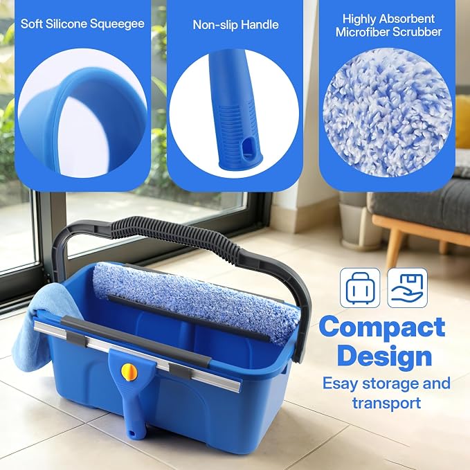 10Ft Window Cleaning Kit with Bucket 3 Gallon, 14" Window Squeegee and 15" Scrubber with 3m Long Handle, Professional Window Cleaning Equipment Washing Kit Cleaner Tool for Home Outdoor Commercial Use