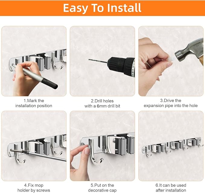 CUXIXA Broom and Mop Organizer Wall Hanging, Upgraded Mop and Broom Holder Wall Mount, Stainless Steel Broom Hanger Wall Mount for Laundry Room Organization and Storage（5 Racks with 4 Hooks）