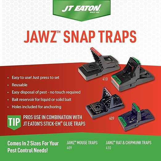 JT Eaton 409 Jawz Indoor Plastic Mouse Trap for Solid or Liquid Bait, Instant Kill Mouse Traps, No-Touch Disposal with Trap Set Indicator 24-Pack