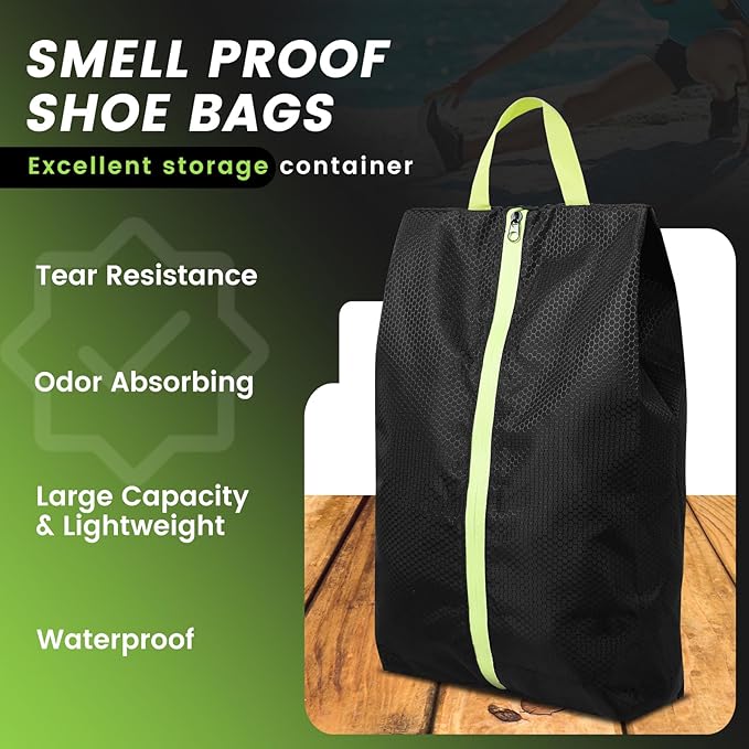 2 Pack Smell Proof Shoe Cleat Bags for Travel, Water-Resistant Golf Shoe Bags with Zipper and Handle, Odor Eliminating Athletic Shoe Bags for Gym Sports Travel, Black