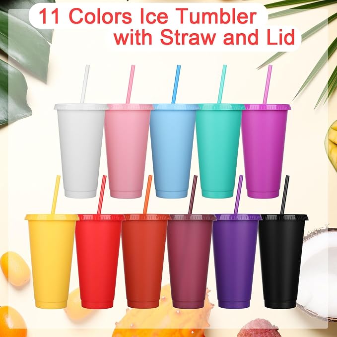 Honeydak 100 Pack Tumbler with Straw and Lid Bulk Cups for Gifts Water Bottle Iced Coffee Travel Mug Cup Reusable Plastic Tumblers for Party Birthdays 24-27 oz (Classic Color)