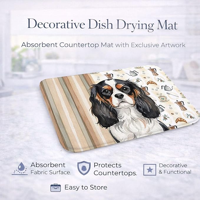 Caroline's Treasures Tricolor Cavalier Spaniel Coffee Bar Dish Drying Mat Absorbent Dish Drying Mat Pad for Kitchen Counter Dish Drainer Mat for Countertop, 14 x 21", Multicolor