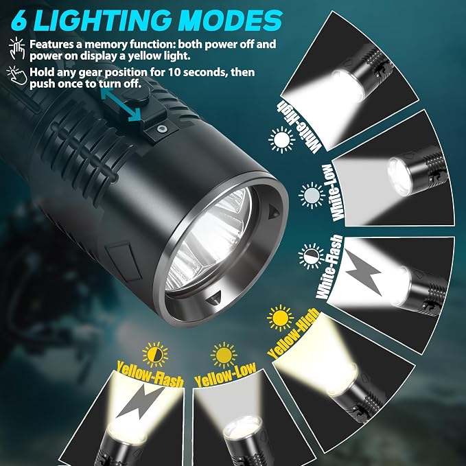 Scuba Dive Light - 5000LM Super Bright Rechargeable Waterproof Torch, 6 Modes Underwater Lights, Scuba & Snorkeling Safety Diving Flashlight for Deep Sea Snorkeling