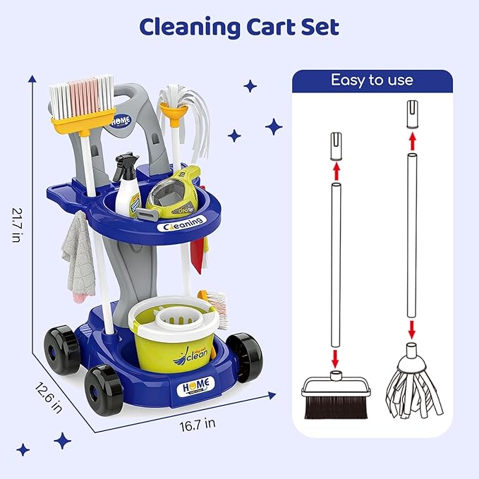 Toddler Cleaning Toy Set, Kids Cleaning Set - Pretend Play Educational Kit with 2-in-1 Toy Vacuum, Mobile Cleaning Cart, Broom & Dustpan, Home Cleaning Toys for Boys Girls (Blue)